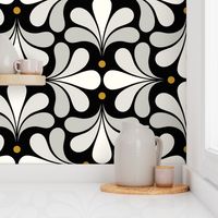 In Bloom Art Deco Geometric Floral- Classic Minimalist Flowers- Neutral Mid Century Modern Wallpaper- 20s- 70s Vintage- Black Background- Natural- Mustard Petal Solids Coordinate Large