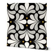 In Bloom Art Deco Geometric Floral- Classic Minimalist Flowers- Neutral Mid Century Modern Wallpaper- 20s- 70s Vintage- Black Background- Natural- Mustard Petal Solids Coordinate Large