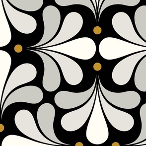 In Bloom Art Deco Geometric Floral- Classic Minimalist Flowers- Neutral Mid Century Modern Wallpaper- 20s- 70s Vintage- Black Background- Natural- Mustard Petal Solids Coordinate Large