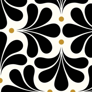 In Bloom Art Deco Geometric Floral- Classic Minimalist Flowers- Neutral Mid Century Modern Wallpaper- 20s- 70s Vintage- Black Background- Natural- Mustard Petal Solids Coordinate Medium