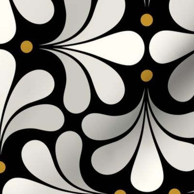 In Bloom Art Deco Geometric Floral- Classic Minimalist Flowers- Neutral Mid Century Modern Wallpaper- 20s- 70s Vintage- Black Background- Natural- Mustard Petal Solids Coordinate Small