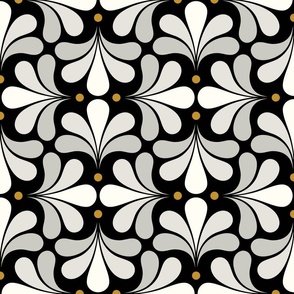 In Bloom Art Deco Geometric Floral- Classic Minimalist Flowers- Neutral Mid Century Modern Wallpaper- 20s- 70s Vintage- Black Background- Natural- Mustard Petal Solids Coordinate Small