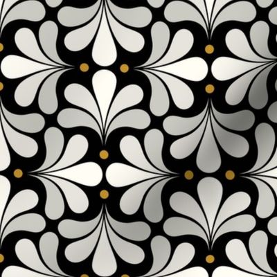 In Bloom Art Deco Geometric Floral- Classic Minimalist Flowers- Neutral Mid Century Modern Wallpaper- 20s- 70s Vintage- Black Background- Natural- Mustard Petal Solids Coordinate sMini
