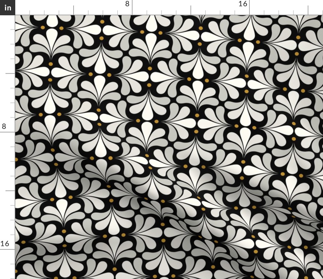 In Bloom Art Deco Geometric Floral- Classic Minimalist Flowers- Neutral Mid Century Modern Wallpaper- 20s- 70s Vintage- Black Background- Natural- Mustard Petal Solids Coordinate sMini