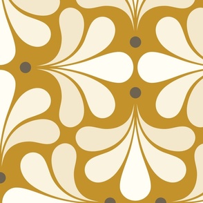 In Bloom Art Deco Geometric Floral- Classic Minimalist Flowers- Neutral Mid Century Modern Wallpaper- 20s- 70s Vintage- Mustard Background- Natural- Bark Brown Petal Solids CoordinateLarge