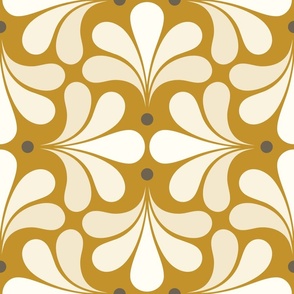 In Bloom Art Deco Geometric Floral- Classic Minimalist Flowers- Neutral Mid Century Modern Wallpaper- 20s- 70s Vintage- Mustard Background- Natural- Bark Brown Petal Solids Medium