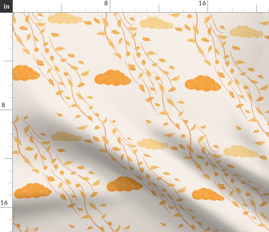 Windy Autumn yellow  flying leaves on cream / off-white - small scale