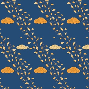 Windy Autumn yellow  flying leaves on blue / navy blue - small scale
