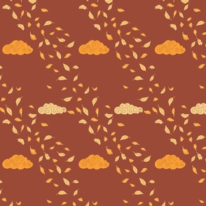 Windy Autumn yellow  flying leaves on rust red / earthtone Sepia - small scale