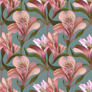 Pink Peruvian Lilies on Muted Turquoise