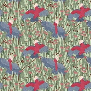 Small Art Nouveau Australian Galahs and Eucalyptus with Coriander Green Background