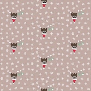 Tiny Christmas sloths and snowflakes on soft brown 