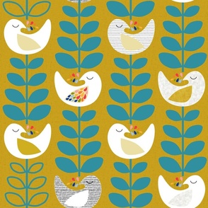 large_Peace dove- Mid-century design- Easter, Thanks Giving, Christmas- stylish white birds and Xmas trees- The Petal Solids Coordinates Joy_lagoon teal plus mustard only