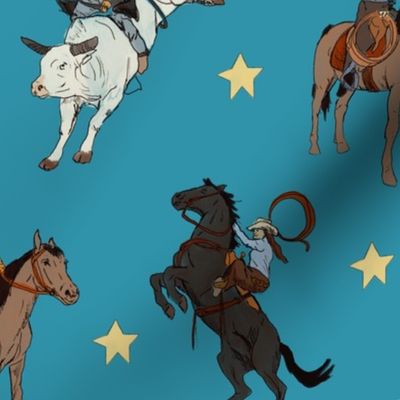 Rodeo Stars in Teal  - Country Western, Western Cowgirl