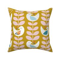 large_Peace dove- Mid-century design- Easter, Thanks Giving, Christmas- stylish white birds and Xmas trees- The Petal Solids Coordinates Joy_mustard plus cotton candy only