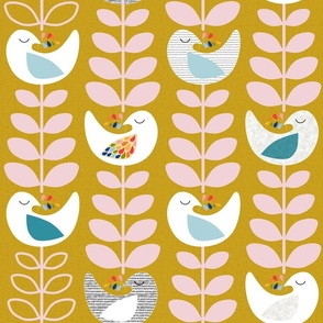 large_Peace dove- Mid-century design- Easter, Thanks Giving, Christmas- stylish white birds and Xmas trees- The Petal Solids Coordinates Joy_mustard plus cotton candy only