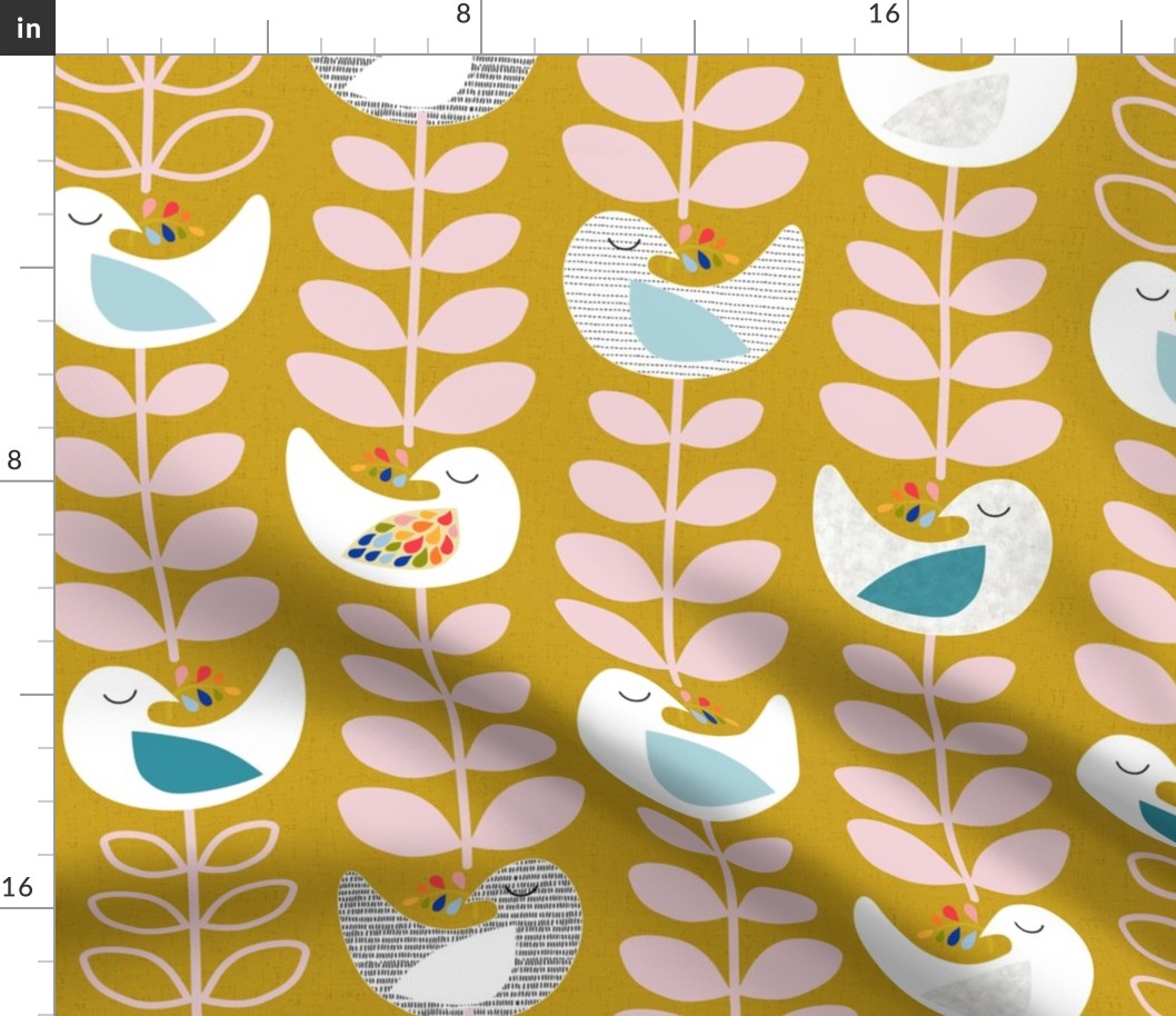 large_Peace dove- Mid-century design- Easter, Thanks Giving, Christmas- stylish white birds and Xmas trees- The Petal Solids Coordinates Joy_mustard plus cotton candy only