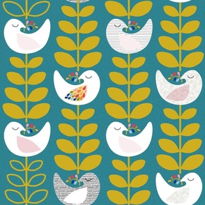large_Peace dove- Mid-century design- Easter, Thanks Giving, Christmas- stylish white birds and Xmas trees- The Petal Solids Coordinates Joy_mustard over lagoon teal