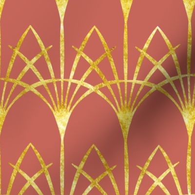 Art Deco raspberry blush coral gold thin arcades Wallpaper