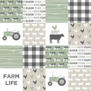 (3" scale) Farm Life Wholecloth - Farm themed patchwork fabric - cows, pigs, roosters - sage and tan C22