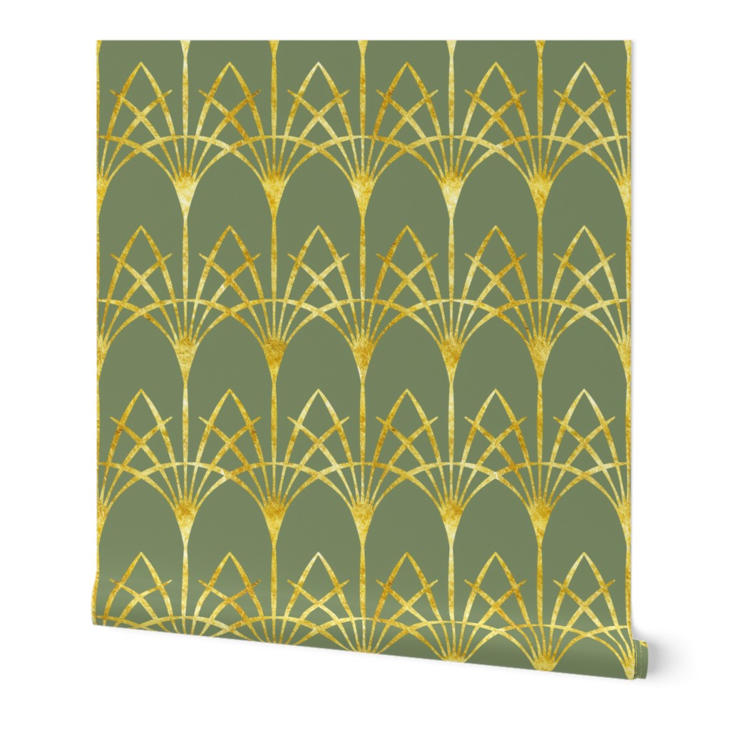 Art Deco sage green gold thin arcades Wallpaper