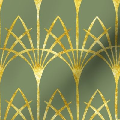 Art Deco sage green gold thin arcades Wallpaper