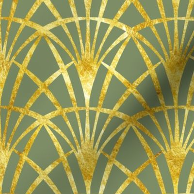 Art Deco sage green gold lace thin fans Wallpaper