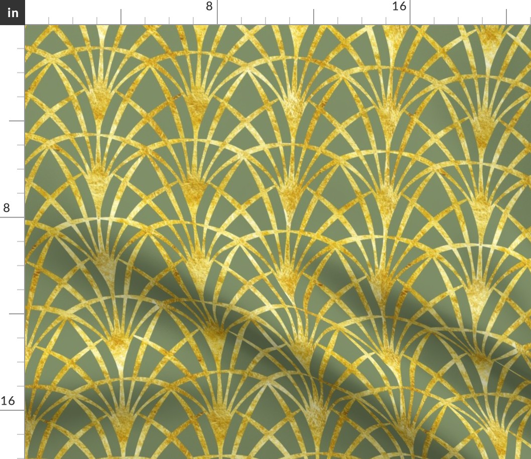 Art Deco sage green gold lace thin fans Wallpaper