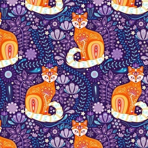 Maximalist Cats Ginger on Purples and Blues - Large