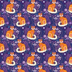 Maximalist Cats Ginger on Purples and Blues