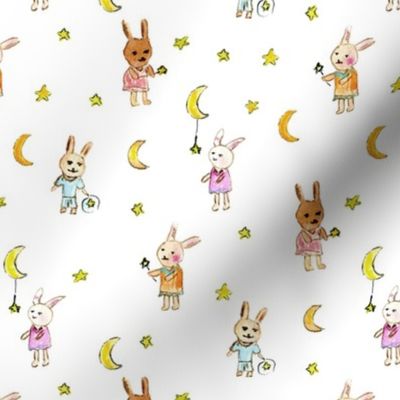 bunnies stargazers - watercolor cute rabbits with stars and moons - night sky b006-1