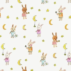 bunnies stargazers - watercolor cute rabbits with stars and moons - night sky b006-2