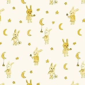 golden bunnies stargazers - watercolor cute rabbits with stars and moons - night sky b006-4