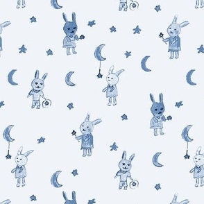 bunnies stargazers in blue - watercolor indigo cute rabbits with stars and moons - night sky b006-5