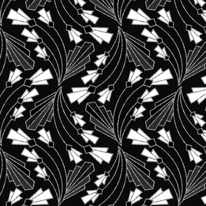 Art Deco Floral Twist  - White, Grey, Black - Medium Scale