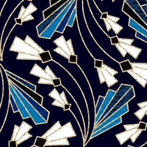 Art Deco Floral Twist  - Navy, White, Blue - Large Scale