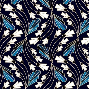 Art Deco Floral Twist  - Navy, White, Blue - Medium Scale