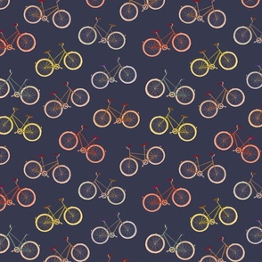 Scattered colourful bicycles on dark blue navy | Amsterdam bikes