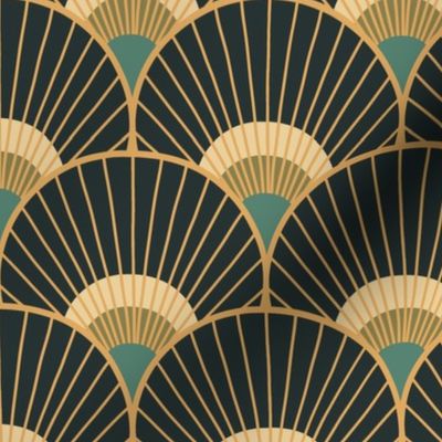 Art Deco Peacock Feather Fan Scallop teal gold charcoal 4.8in medium scale by Pippa Shaw