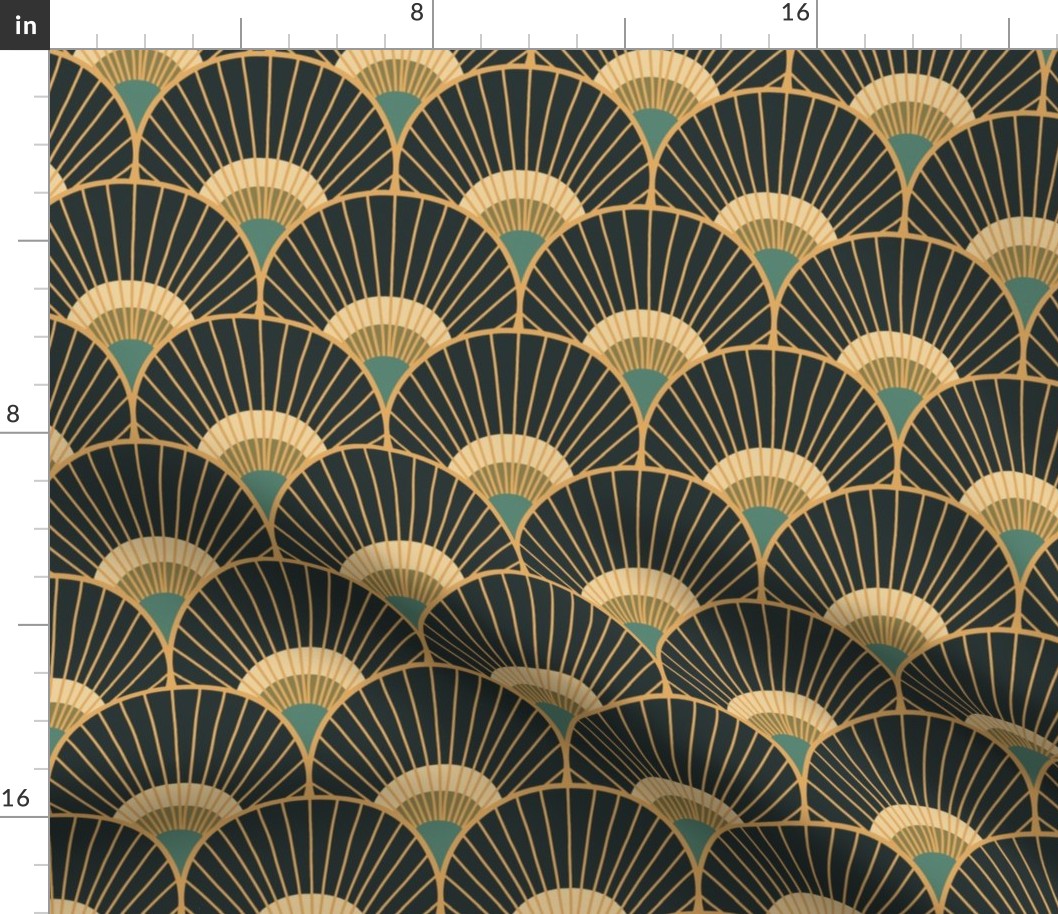 Art Deco Peacock Feather Fan Scallop teal gold charcoal 4.8in medium scale by Pippa Shaw