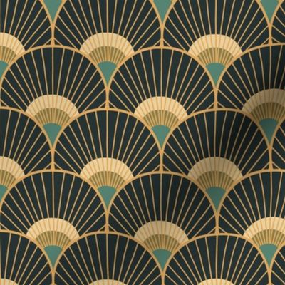 Art Deco Peacock Feather Fan Scallop teal gold charcoal 3in scale by Pippa Shaw