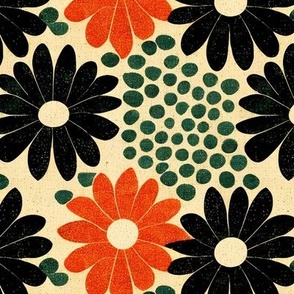 Vintage - retro flowerpower orange black and green floral and dots pattern 