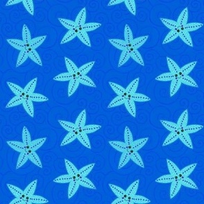 Happy turquoise starfish on dark blue 