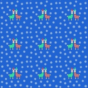 Christmas llamas in red and green pyjamas on blue