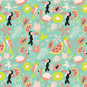 Parrot and flamingos| Tropical birds and fruits | mint background