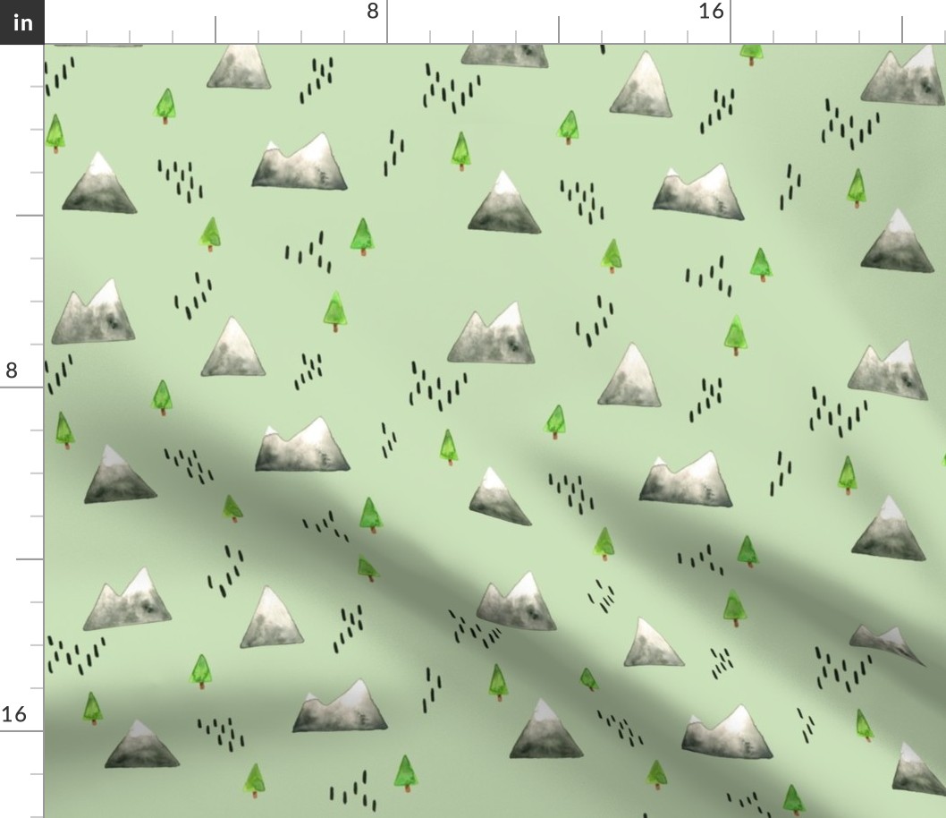 watercolour mountains and trees on green (small)