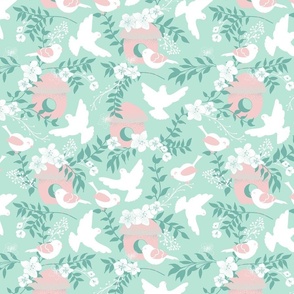Birds on blossom trees | pink & mint 