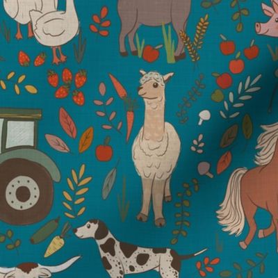 Farm days - animals and vegetables |  linen teal petrol |  Medium scale 8inch  repeat fabric