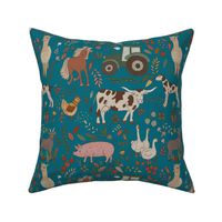 Farm days - animals and vegetables |  linen teal petrol |  Medium scale 8inch  repeat fabric