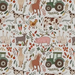 Farm days - animals and vegetables |linen off white light grey  |  Small  scale 6inch  repeat fabric 